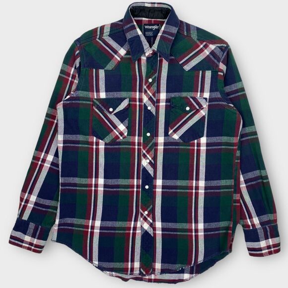 VINTAGE Wrangler Shirt Mens Medium Western Pearl Snap Long Tail Plaid Bushpopper - Picture 2 of 12